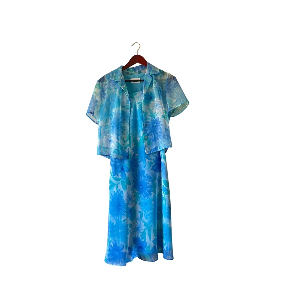 Vintage Petite Blue Floral 2 Piece Dress Set Sheer Overlay Midi Dress Women